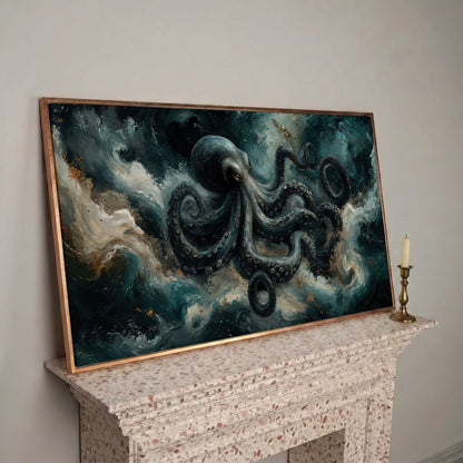 Octopus & Ocean Waves Canvas in rose gold floating frame