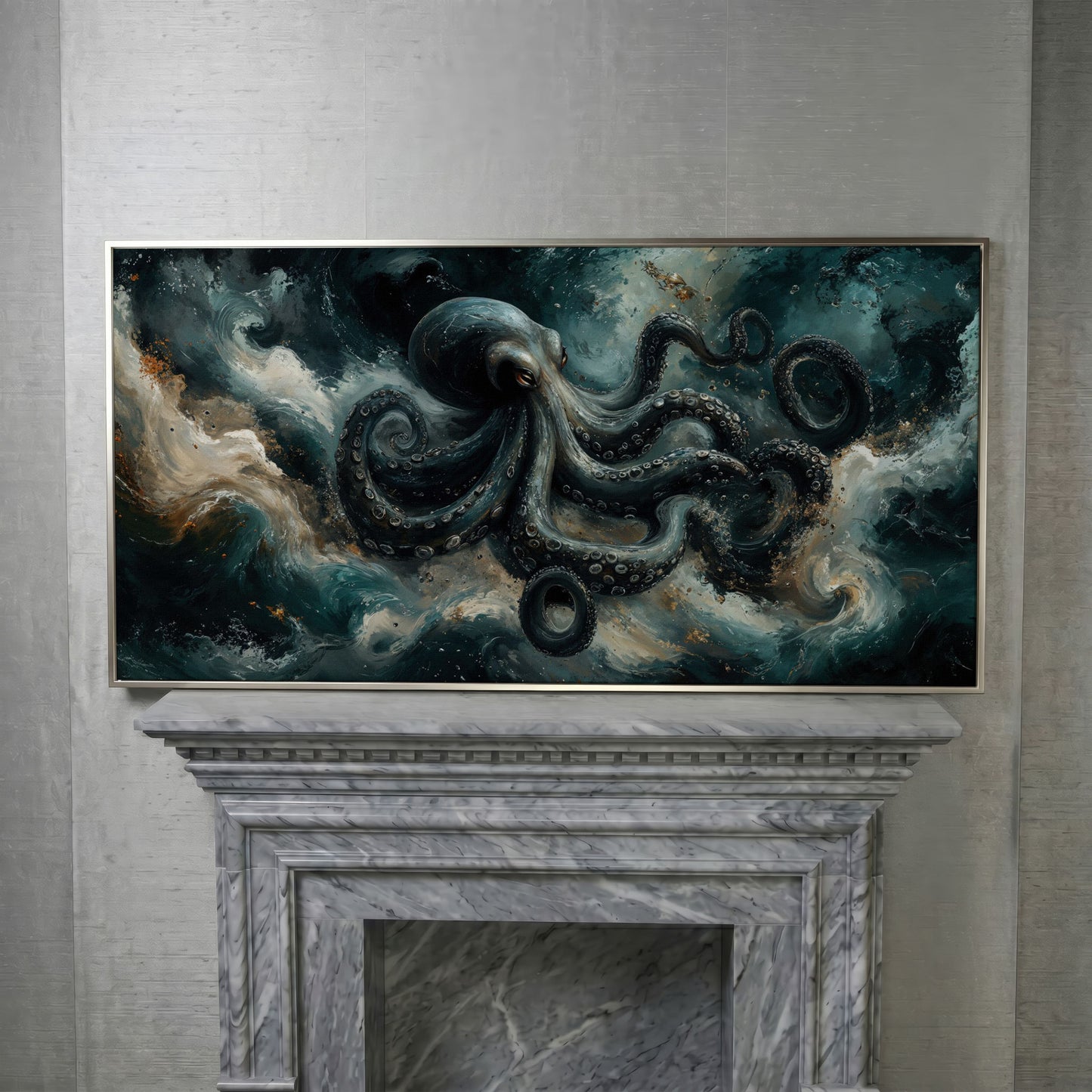 Octopus & Ocean Waves Canvas in silver floating frame
