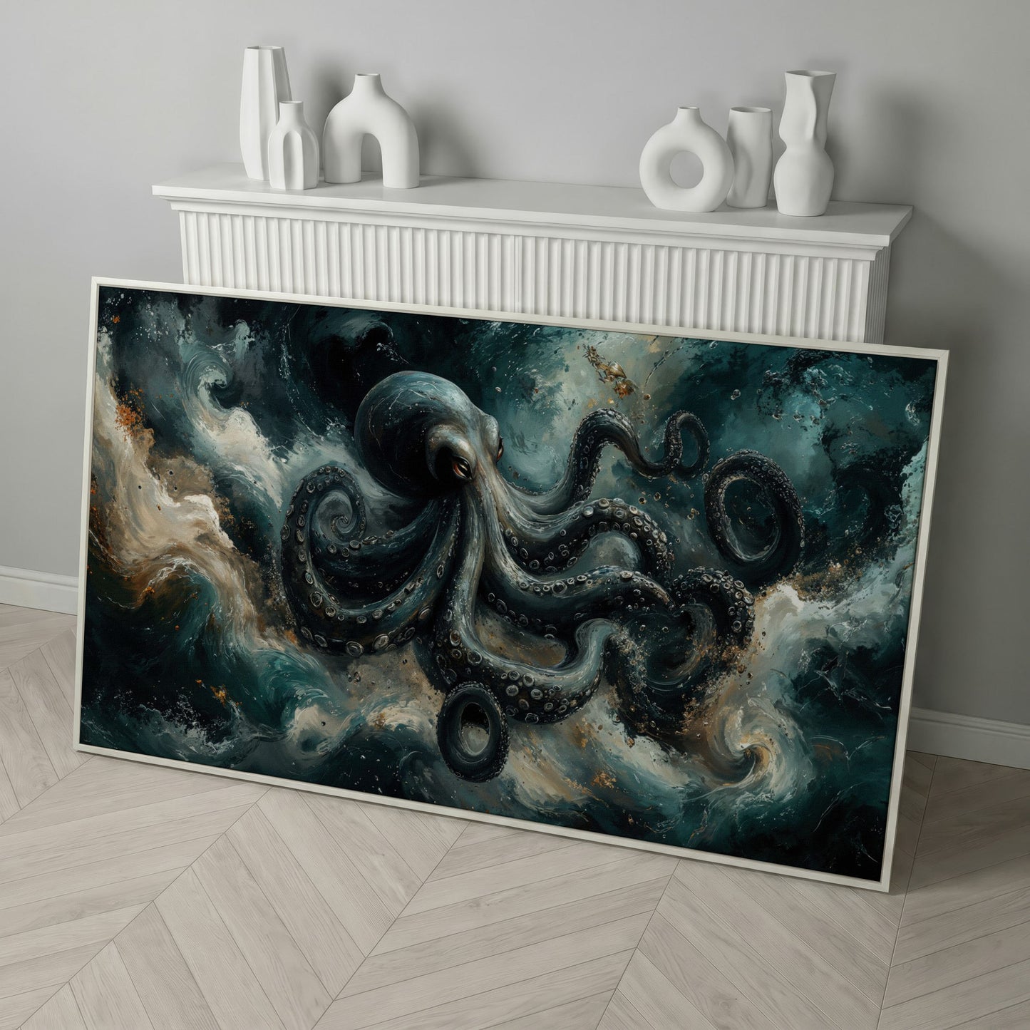 Octopus & Ocean Waves Canvas in white floating frame