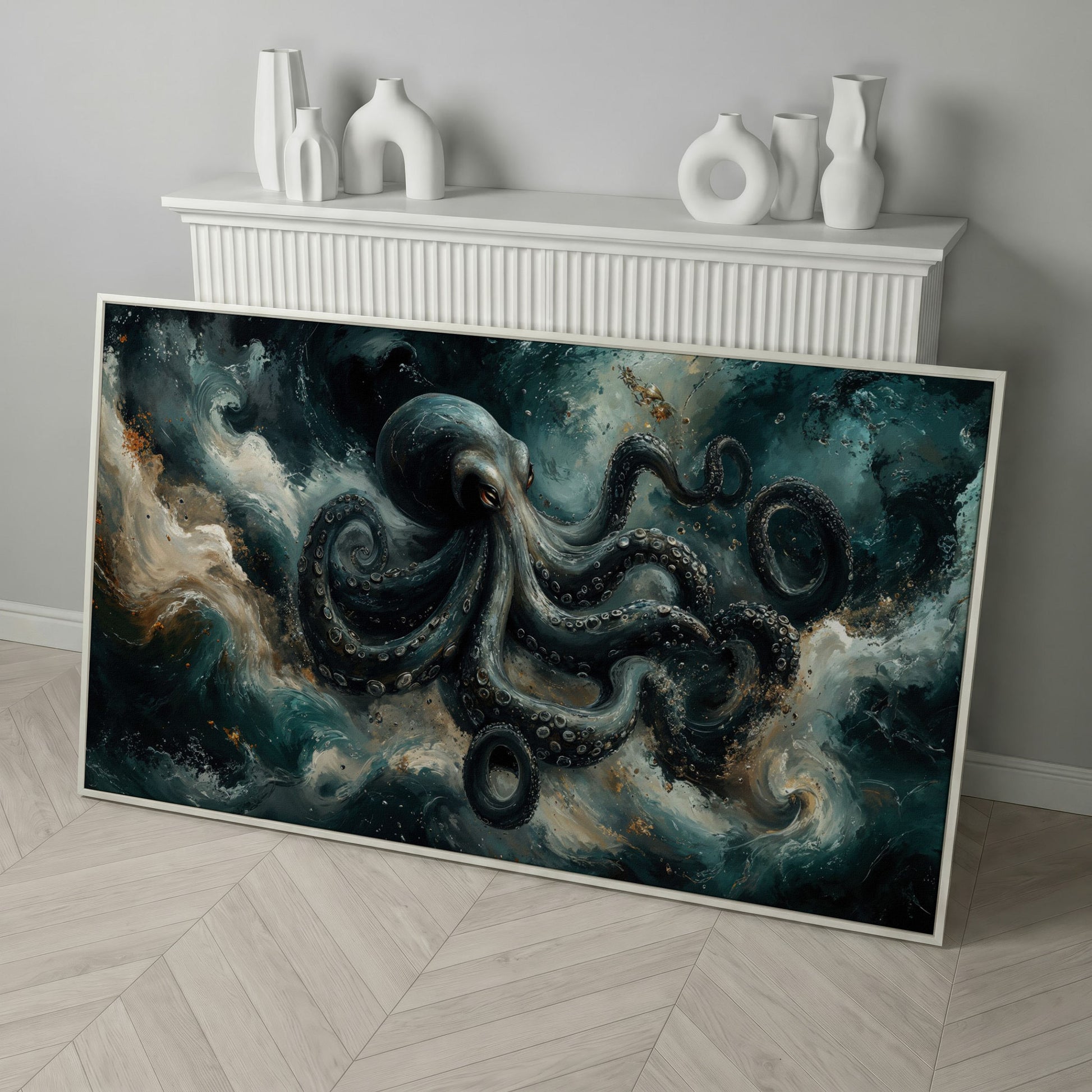 Octopus & Ocean Waves Canvas in white floating frame