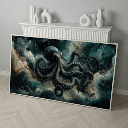 Octopus & Ocean Waves Canvas in white floating frame