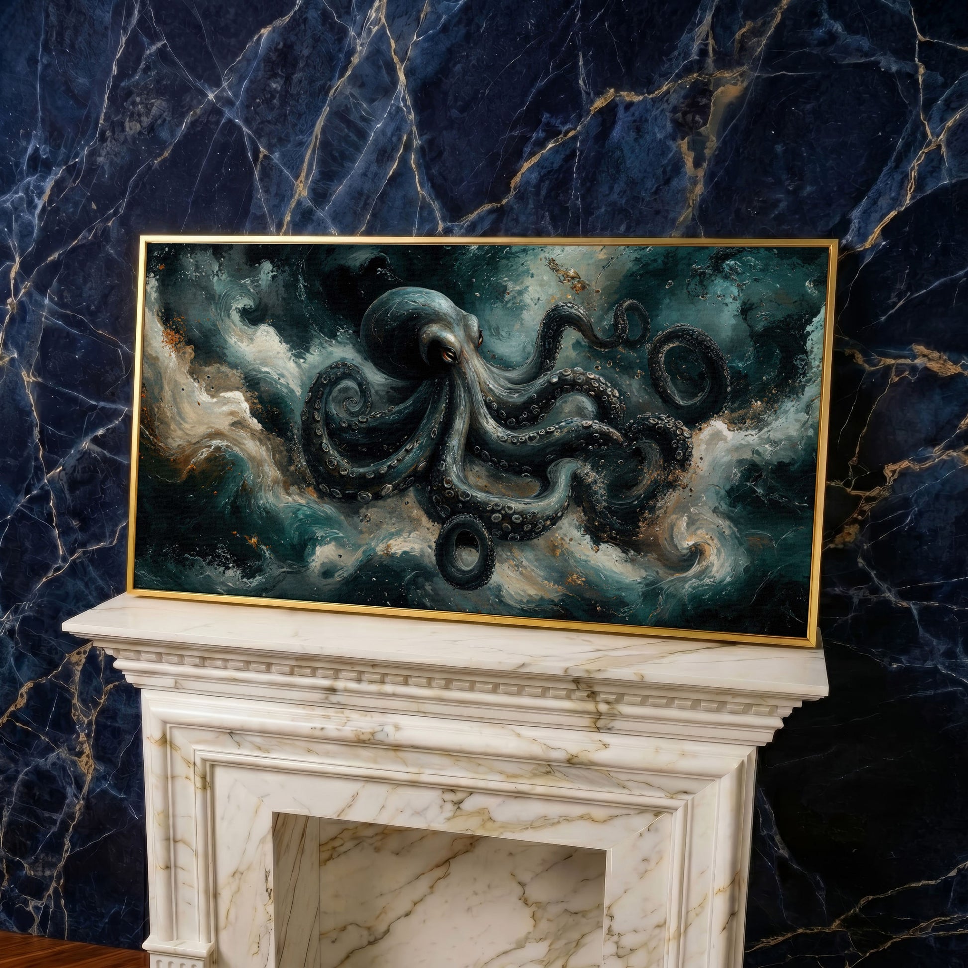Octopus & Ocean Waves Canvas in yellow gold floating frame