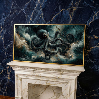 Octopus & Ocean Waves Canvas in yellow gold floating frame