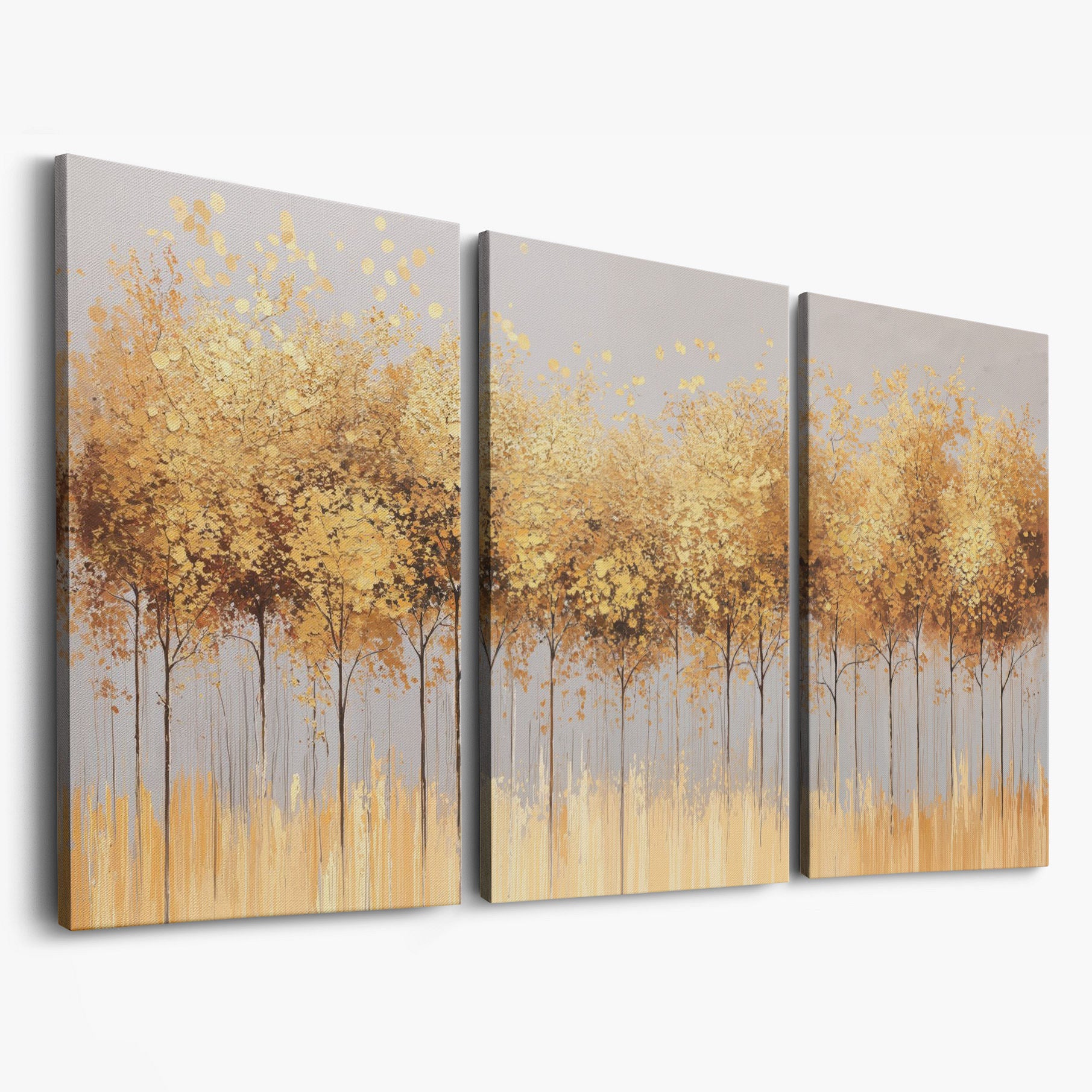 Golden Leaves Tree Forest Canvas as 3-panel split version