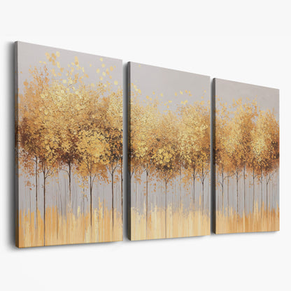 Golden Leaves Tree Forest Canvas as 3-panel split version