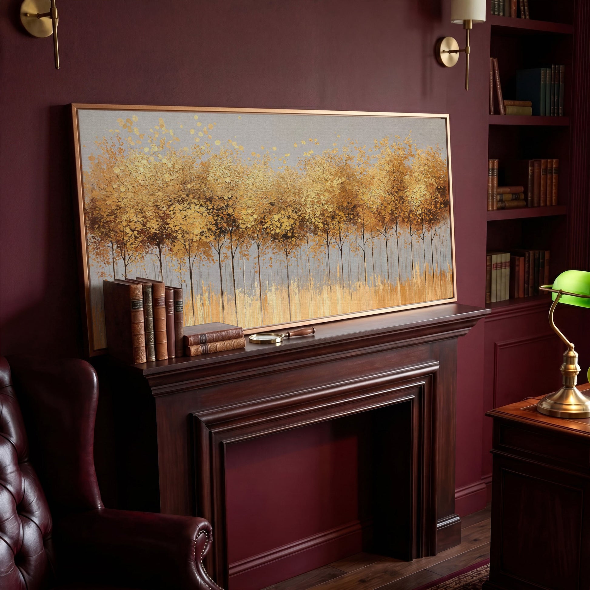 Golden Leaves Tree Forest Canvas in antique gold floating frame