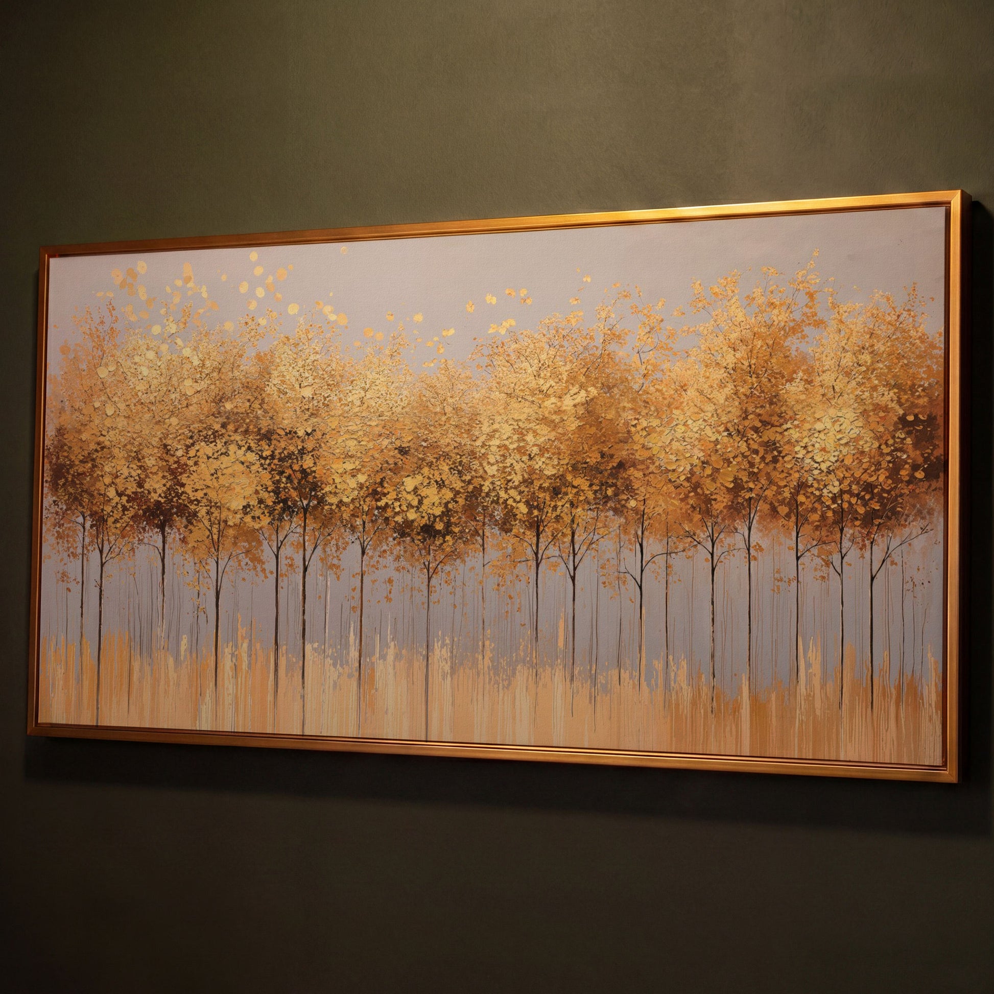 Golden Leaves Tree Forest Canvas shown in antique gold floating frame