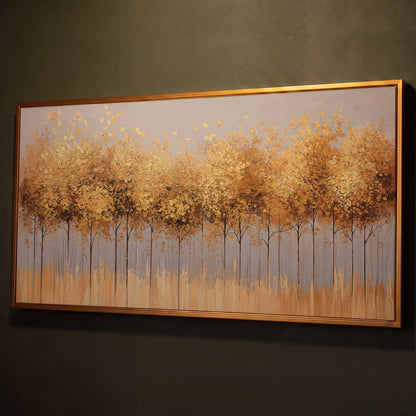 Golden Leaves Tree Forest Canvas shown in antique gold floating frame