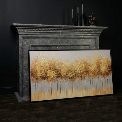 Golden Leaves Tree Forest Canvas in black floating frame