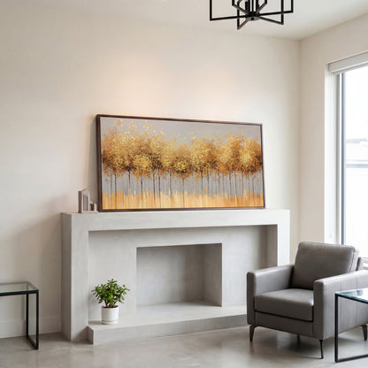 Golden Leaves Tree Forest Canvas in dark walnut floating frame