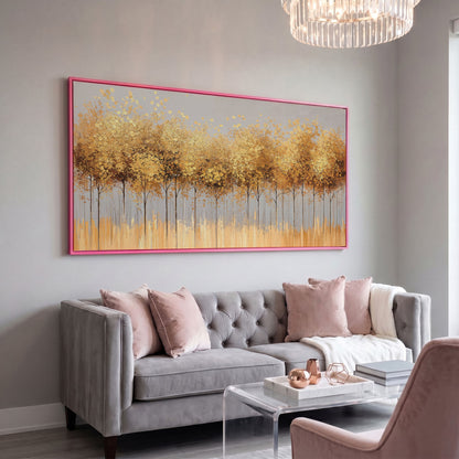 Golden Leaves Tree Forest Canvas in pink floating frame