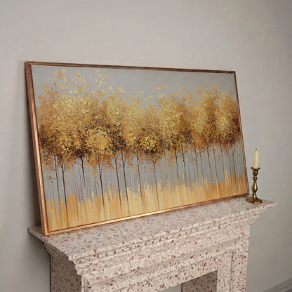 Golden Leaves Tree Forest Canvas in rose gold floating frame