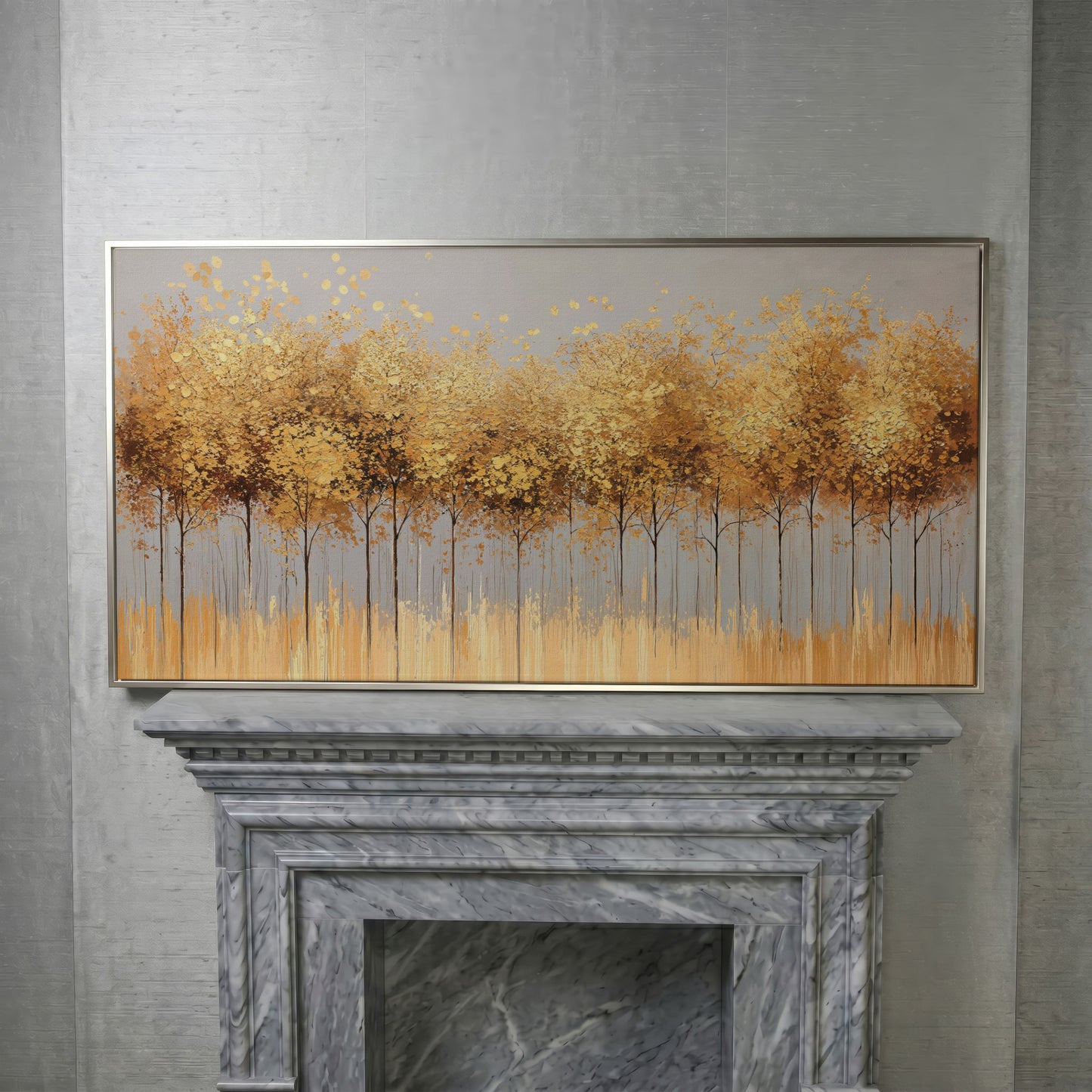 Golden Leaves Tree Forest Canvas in silver floating frame