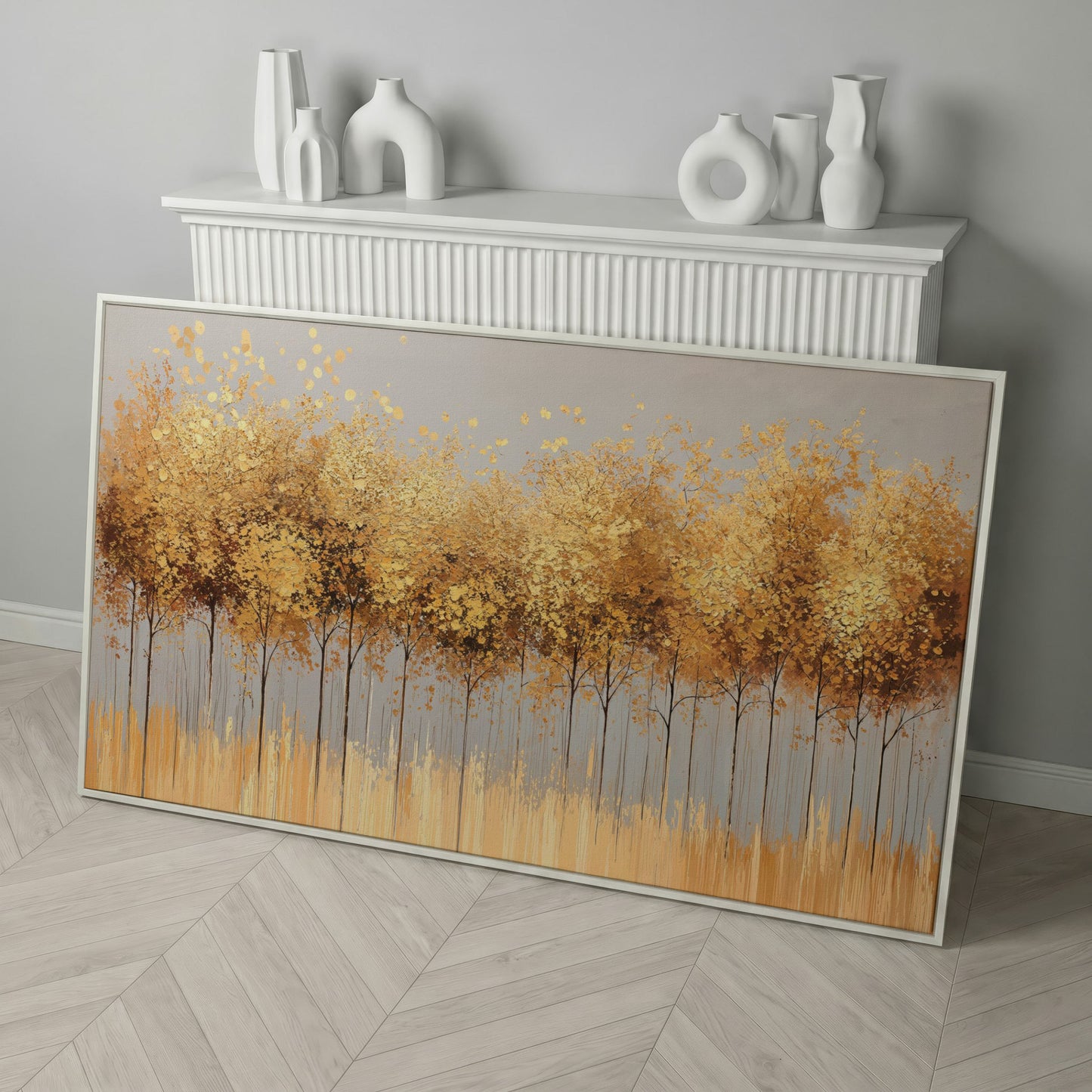 Golden Leaves Tree Forest Canvas in white floating frame
