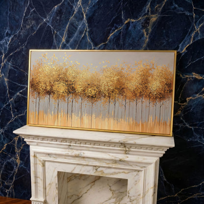 Golden Leaves Tree Forest Canvas in yellow gold floating frame