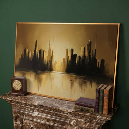 Golden Cityscape Urban Landscape Canvas in antique gold floating frame