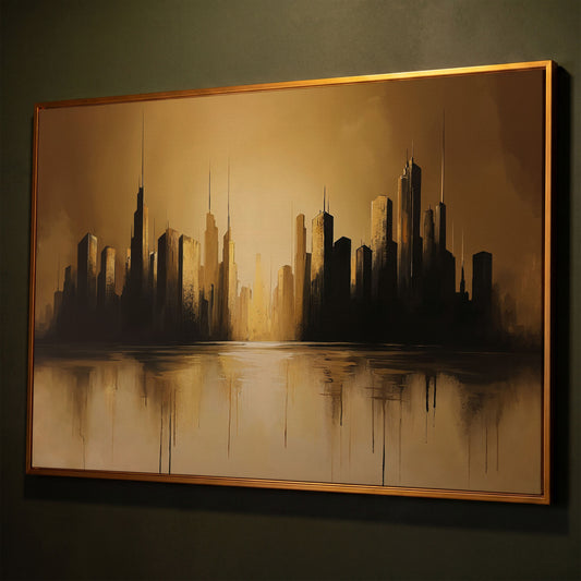 Golden Cityscape Urban Landscape Canvas shown in antique gold floating frame