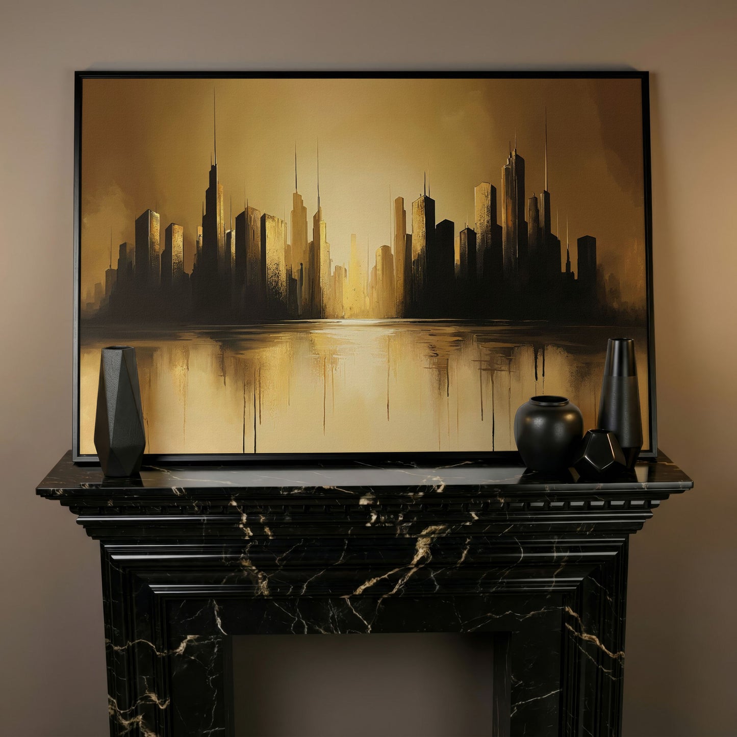 Golden Cityscape Urban Landscape Canvas in black floating frame