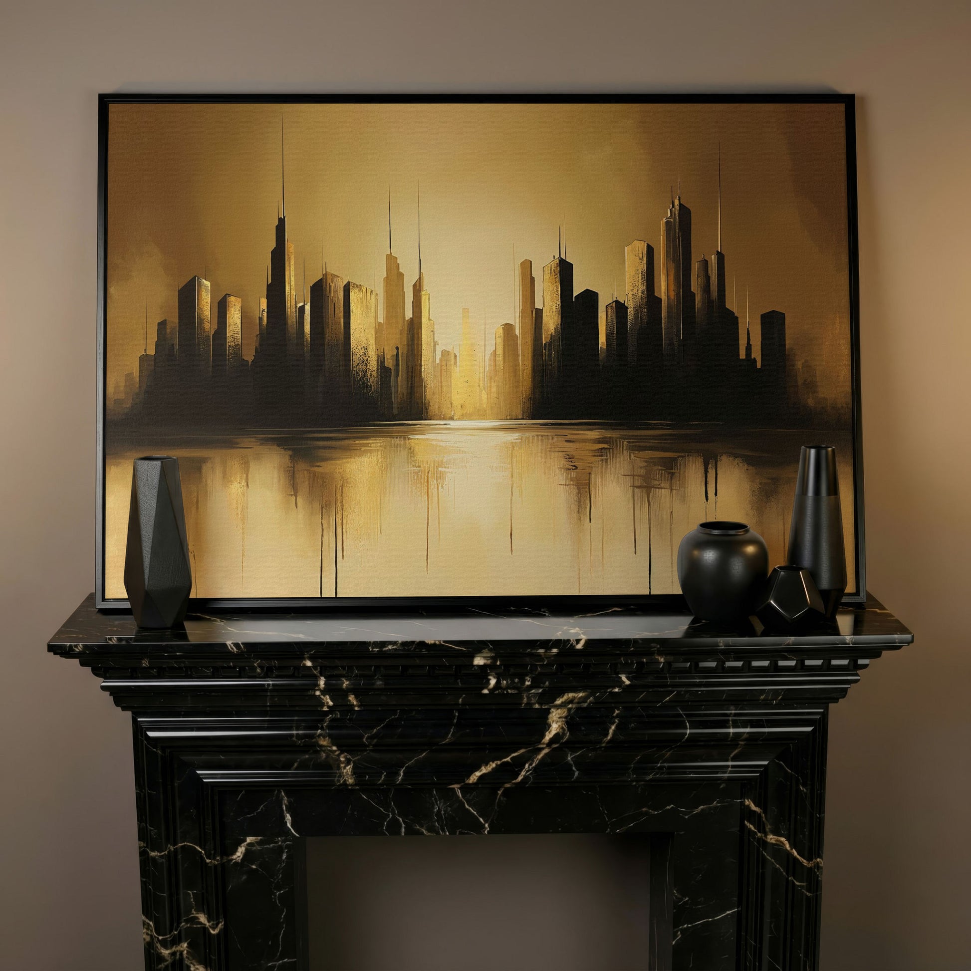 Golden Cityscape Urban Landscape Canvas in black floating frame
