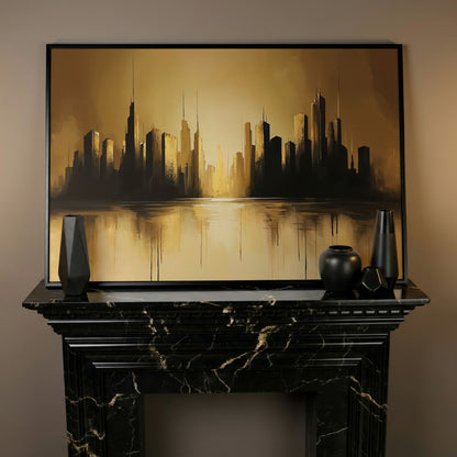 Golden Cityscape Urban Landscape Canvas in black floating frame