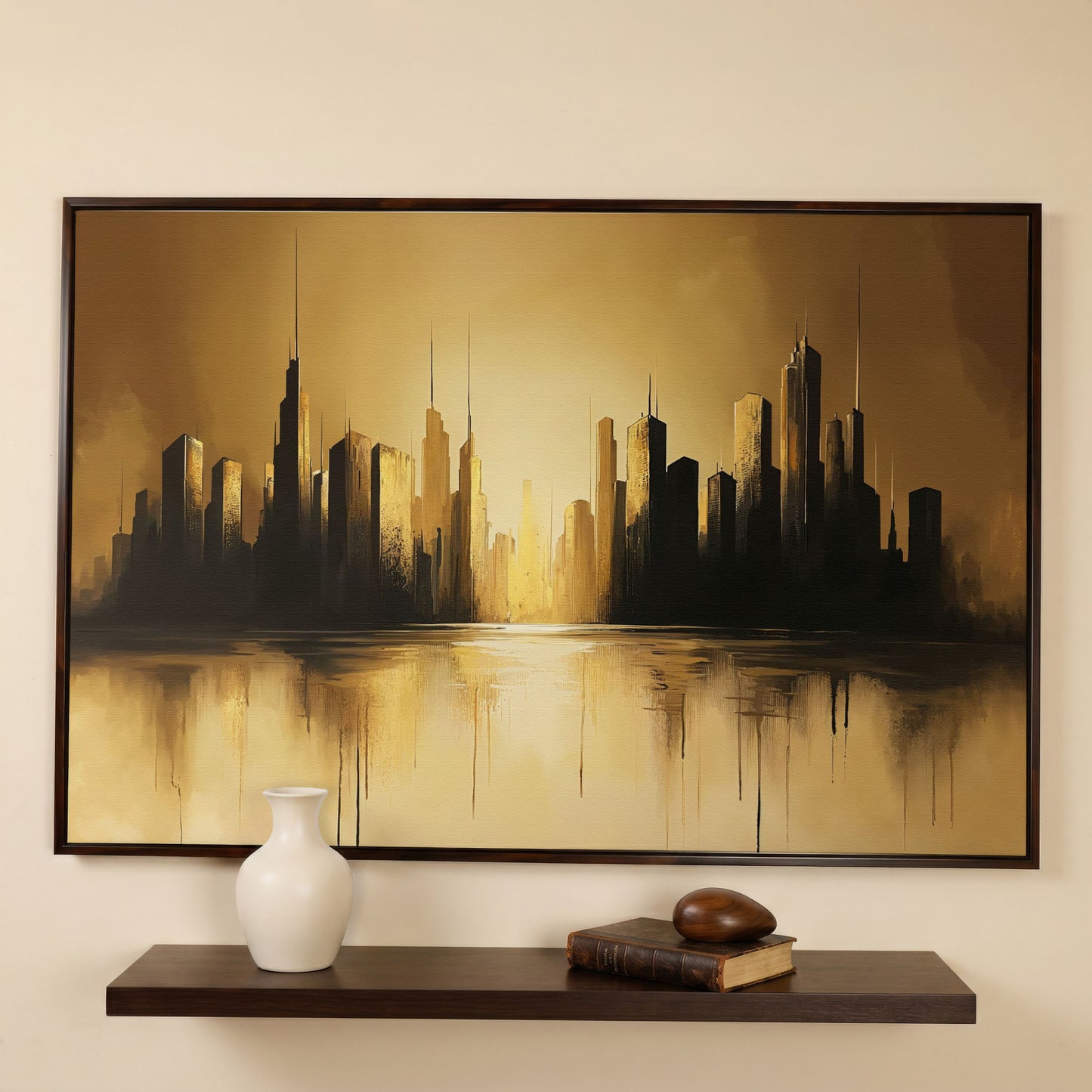 Golden Cityscape Urban Landscape Canvas in dark walnut floating frame