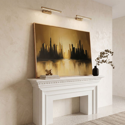 Golden Cityscape Urban Landscape Canvas in white oak floating frame