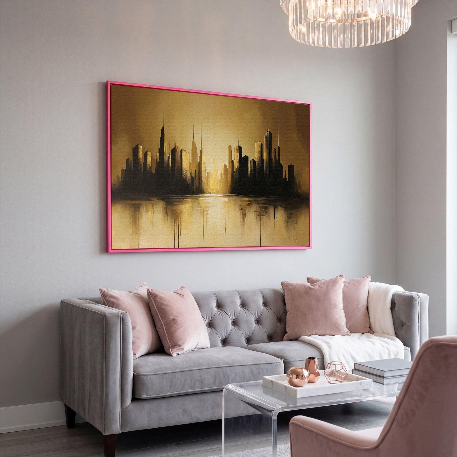 Golden Cityscape Urban Landscape Canvas in pink floating frame