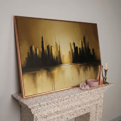 Golden Cityscape Urban Landscape Canvas in rose gold floating frame