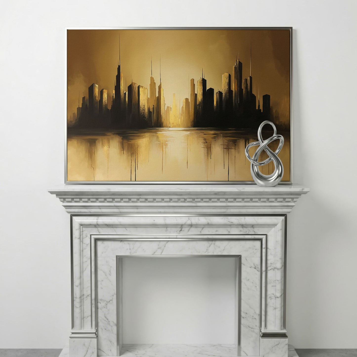 Golden Cityscape Urban Landscape Canvas in silver floating frame