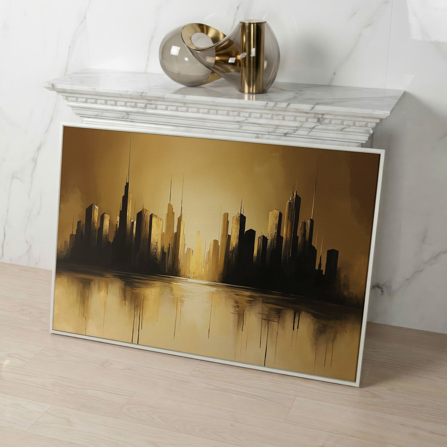 Golden Cityscape Urban Landscape Canvas in white floating frame