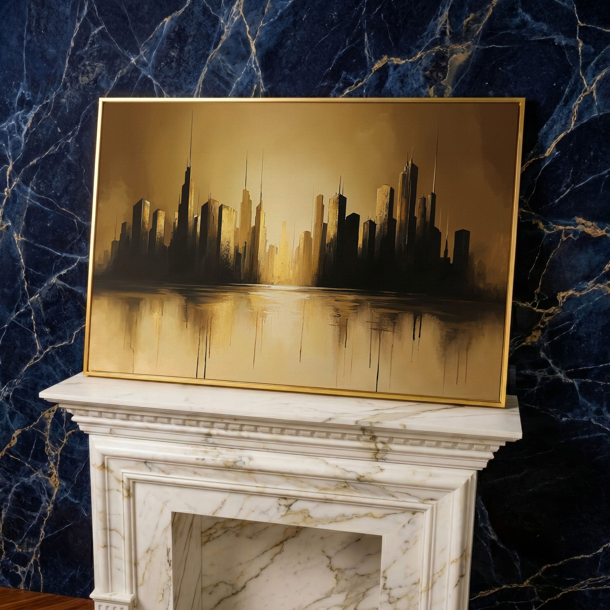 Golden Cityscape Urban Landscape Canvas in yellow gold floating frame