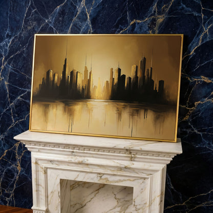 Golden Cityscape Urban Landscape Canvas in yellow gold floating frame