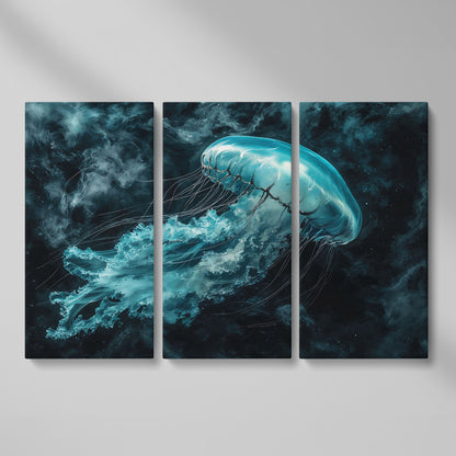Jellyfish Canvas Print. Abstract Teal Marine Wall Art as 3-panel split version