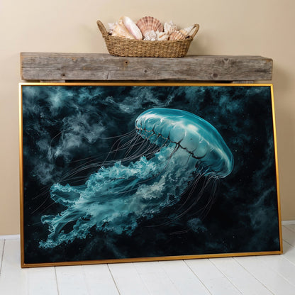 Jellyfish Canvas Print. Abstract Teal Marine Wall Art in antique gold floating frame