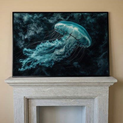 Jellyfish Canvas Print. Abstract Teal Marine Wall Art in black floating frame