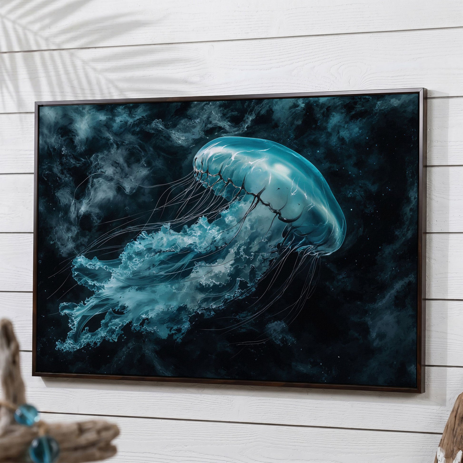 Jellyfish Canvas Print. Abstract Teal Marine Wall Art in dark walnut floating frame