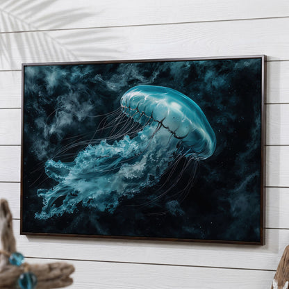 Jellyfish Canvas Print. Abstract Teal Marine Wall Art in dark walnut floating frame