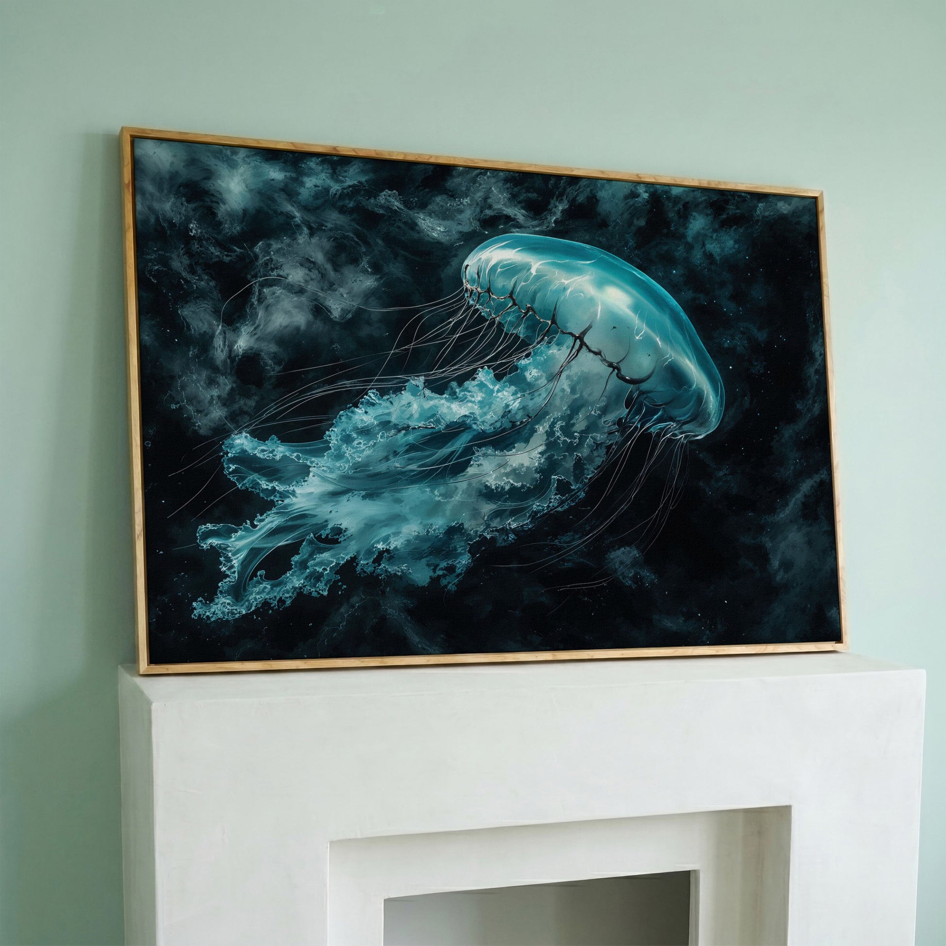 Jellyfish Canvas Print. Abstract Teal Marine Wall Art in white oak floating frame