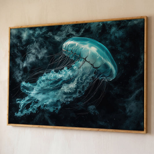 Jellyfish Canvas Print. Abstract Teal Marine Wall Art shown in white oak floating frame