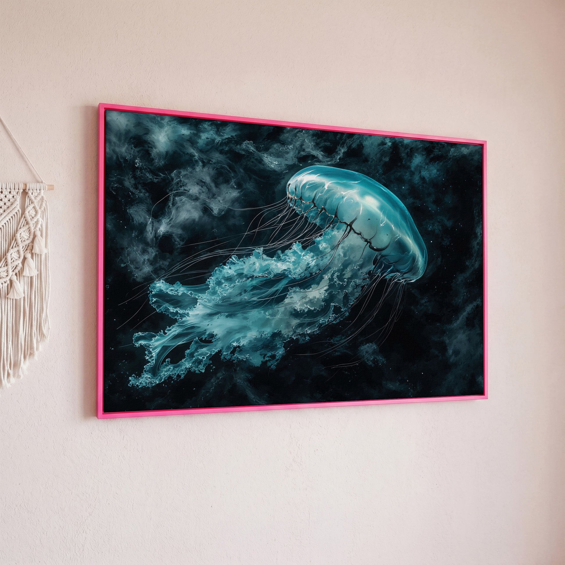 Jellyfish Canvas Print. Abstract Teal Marine Wall Art in pink floating frame