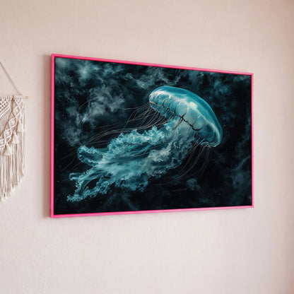 Jellyfish Canvas Print. Abstract Teal Marine Wall Art in pink floating frame