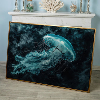 Jellyfish Canvas Print. Abstract Teal Marine Wall Art in rose gold floating frame