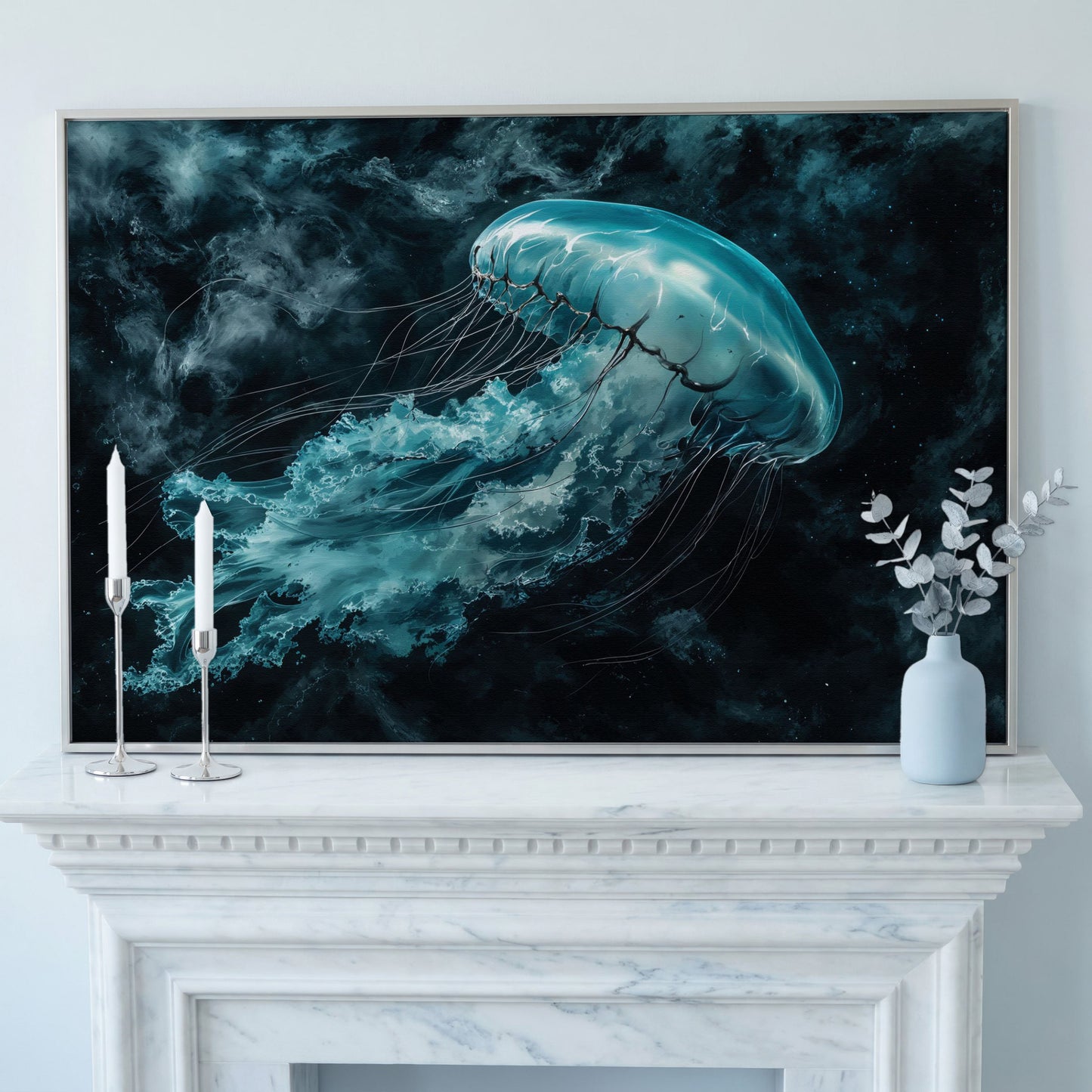 Jellyfish Canvas Print. Abstract Teal Marine Wall Art in silver floating frame