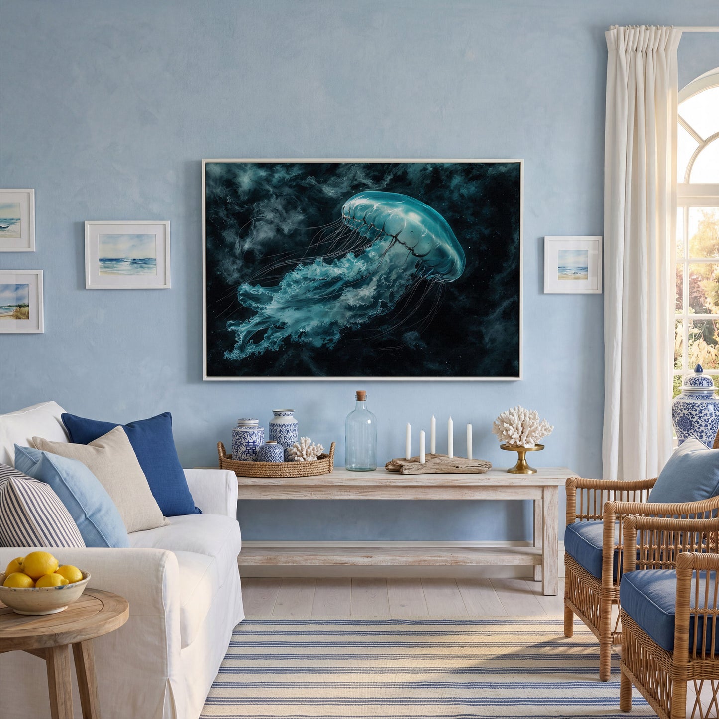 Jellyfish Canvas Print. Abstract Teal Marine Wall Art in white floating frame