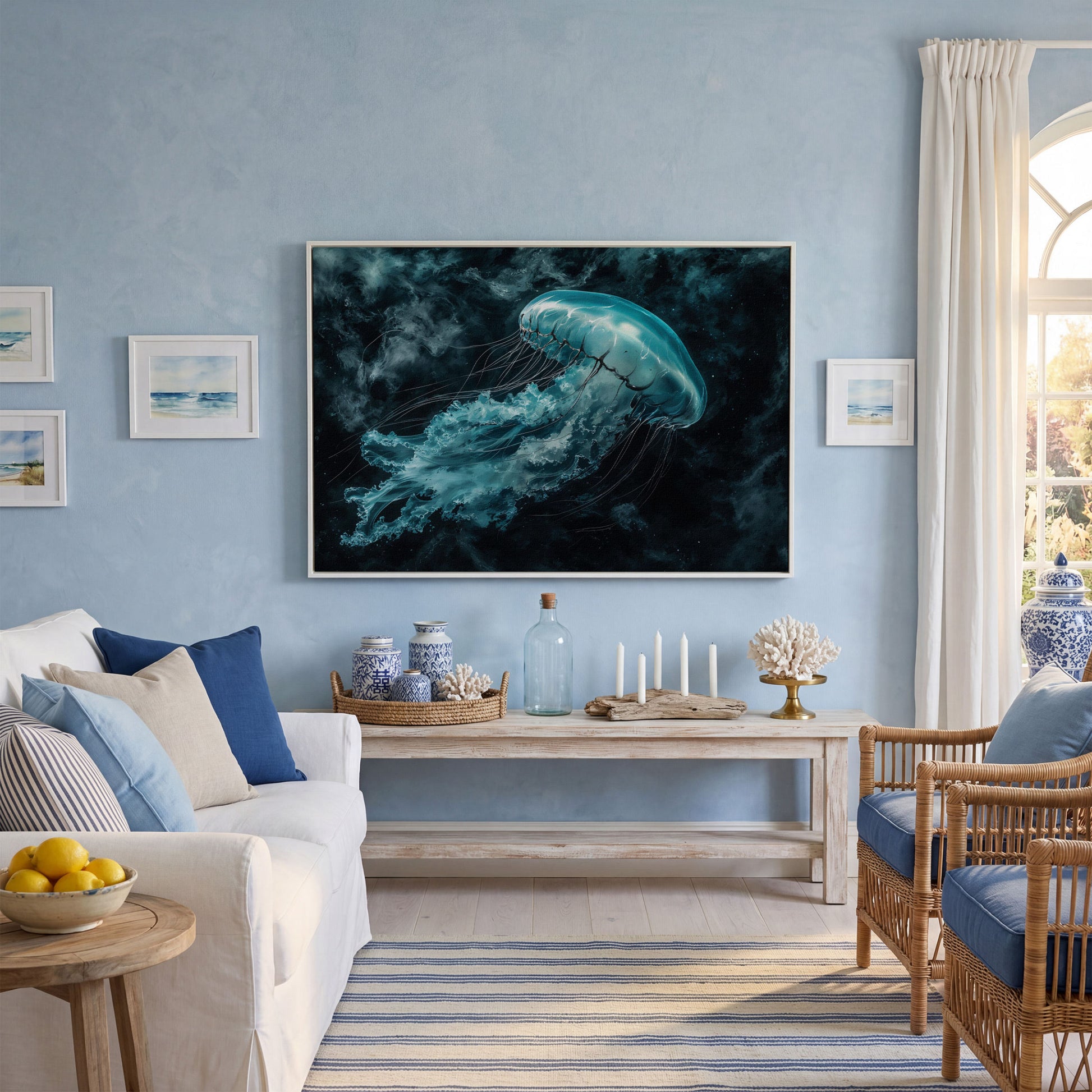 Jellyfish Canvas Print. Abstract Teal Marine Wall Art in white floating frame