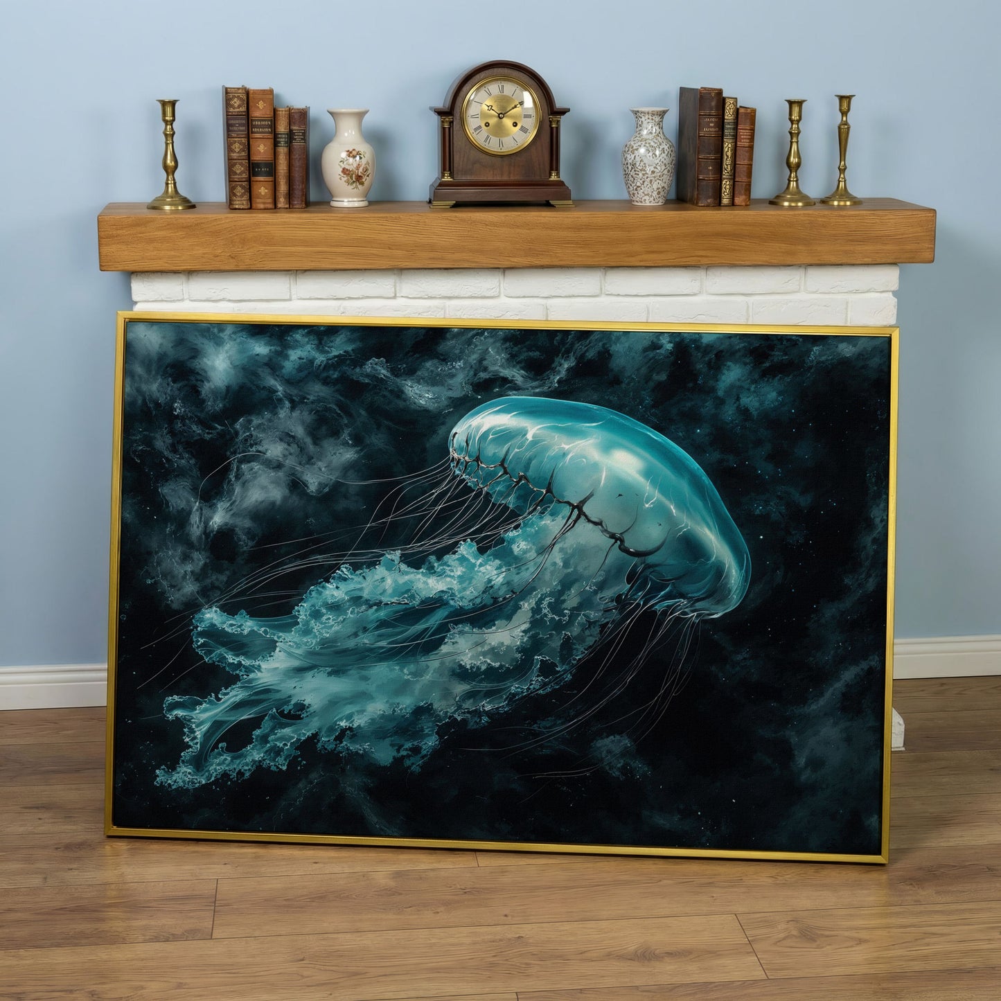 Jellyfish Canvas Print. Abstract Teal Marine Wall Art in yellow gold floating frame