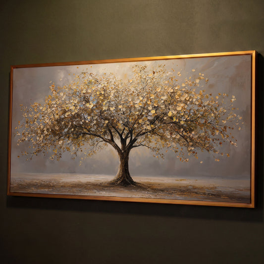 Autumn Tree of Life Canvas shown in antique gold floating frame