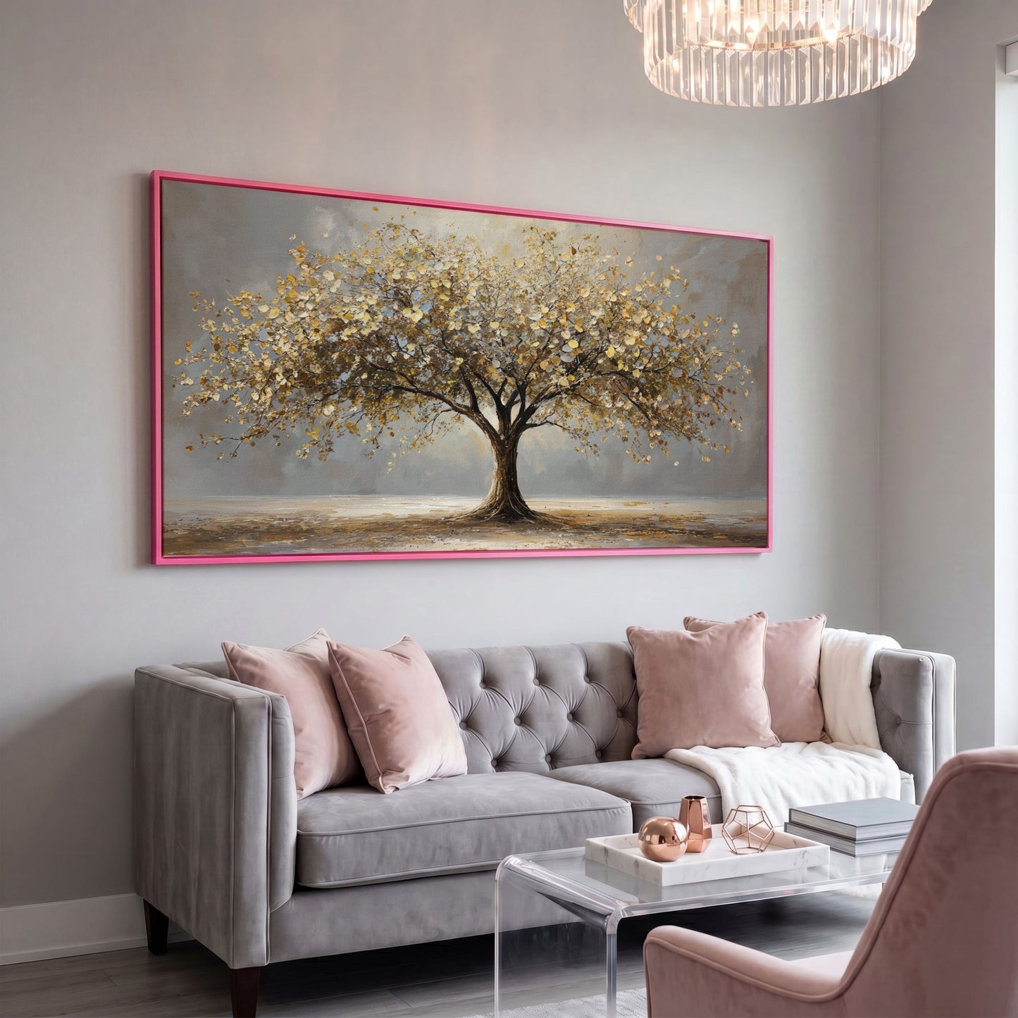 Autumn Tree of Life Canvas in pink floating frame