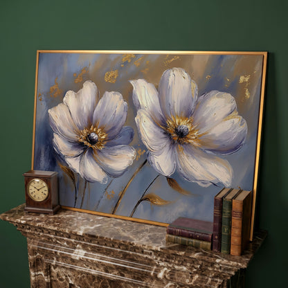 Abstract White and Purple Flower Canvas in antique gold floating frame