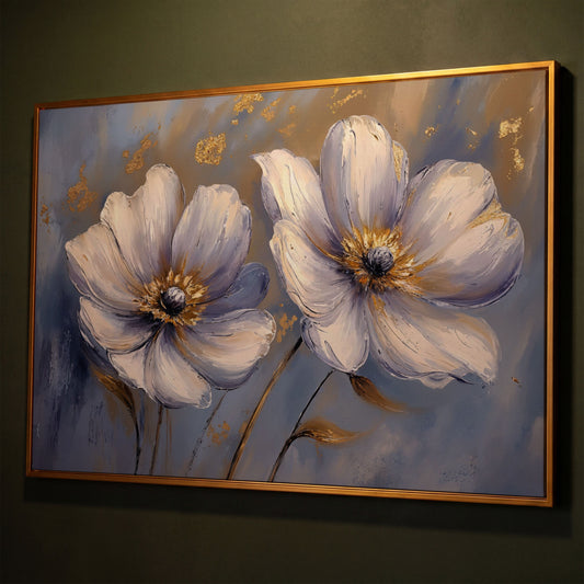 Abstract White and Purple Flower Canvas shown in antique gold floating frame